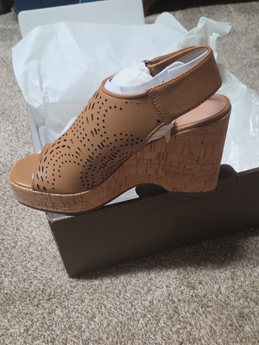 Paolo Tan Laser-Cut Cork Wedge Slingback Sandals